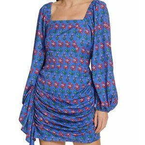 Rhode Mina Blue Floral Print Off the Shoulder Crepe Mini Dress w/Puff Sleeves